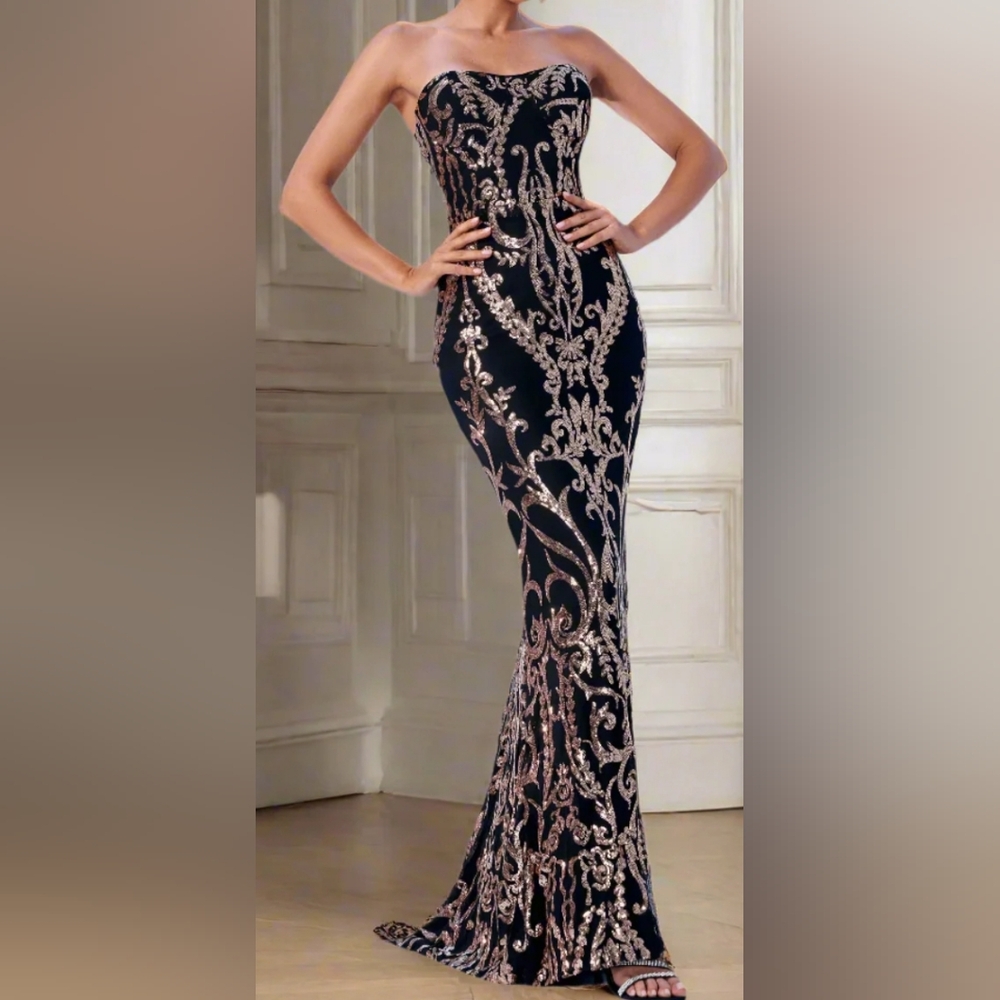 Missord Black Silver Strapless Maxi Sequin Formal Dress Size L